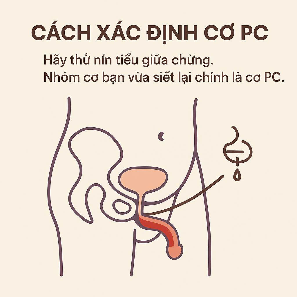 Infographic khoa học hướng dẫn cách xác định vị trí cơ PC (cơ mu cụt) để thực hiện bài tập Kegel cho nam giới.